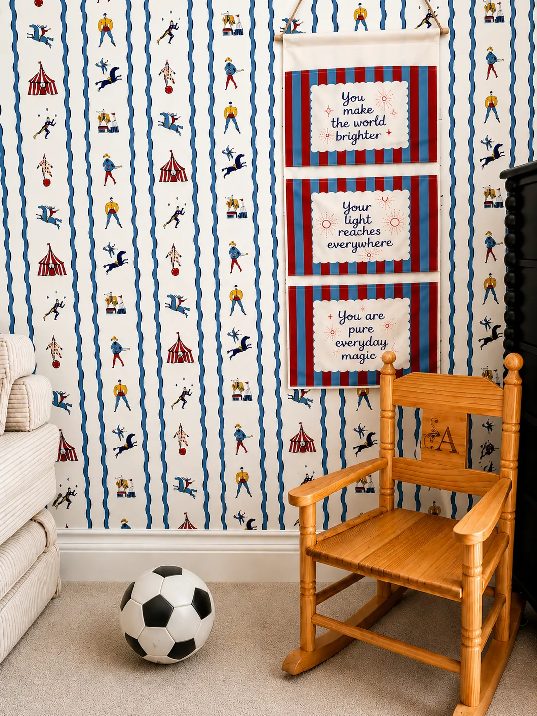 Childrens Bedroom Circus Acrobat Wallpaper Wooden Rocking Chair Wall Banner