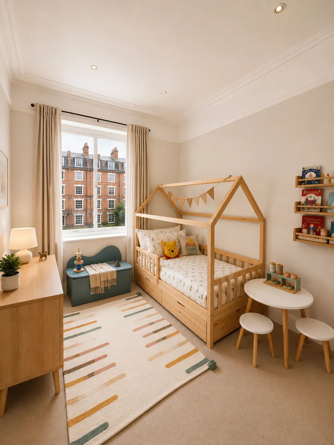 Kids playroom with bee wall stickers and Montessori shelves