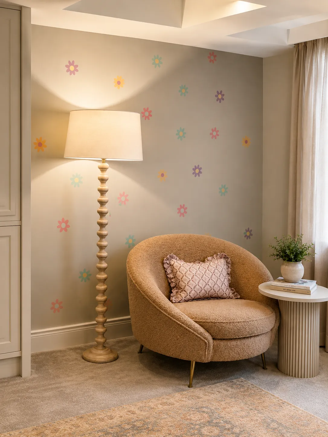 Girls Bedroom Boucle Armchair Daisy Wall Stickers Gold Floor Lamp