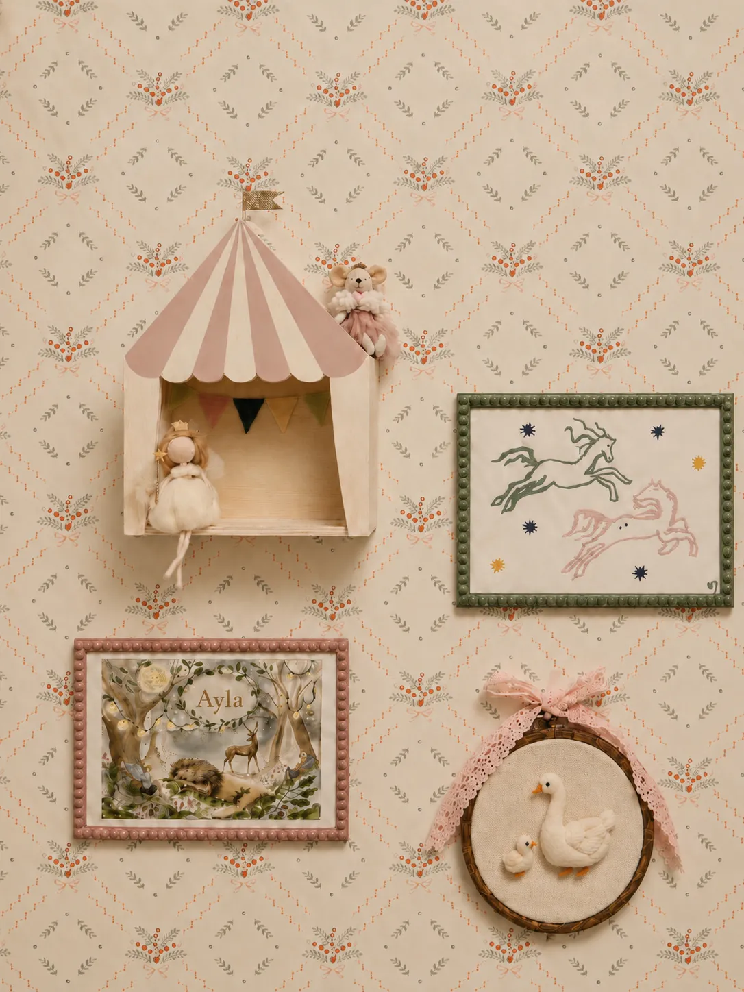 Girls Nursery Wall Decor Circus Tent Shelf Floral Wallpaper Embroidery Hoop