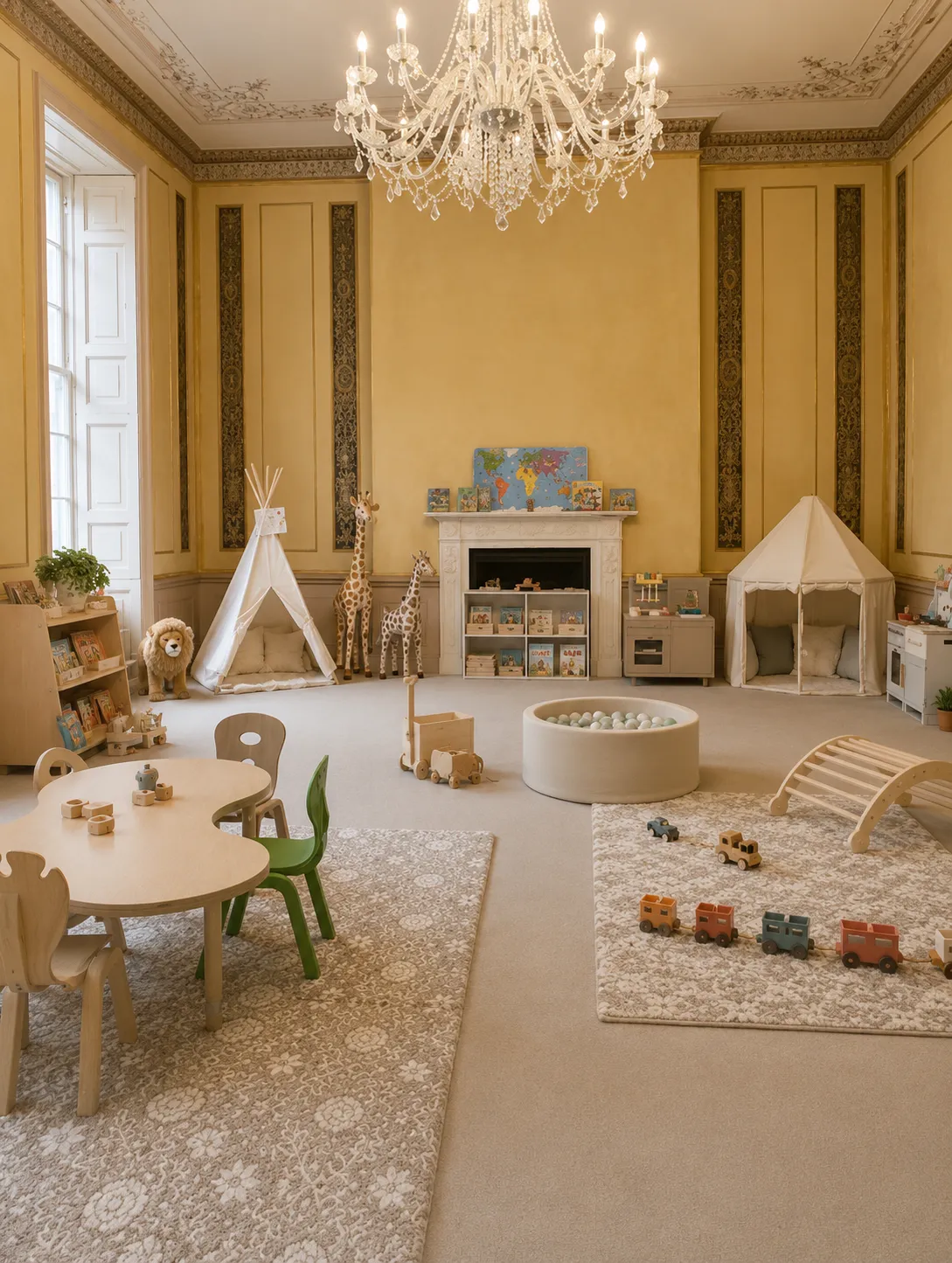 Grand Playroom Crystal Chandelier Yellow Walls Teepee Ball Pit Montessori