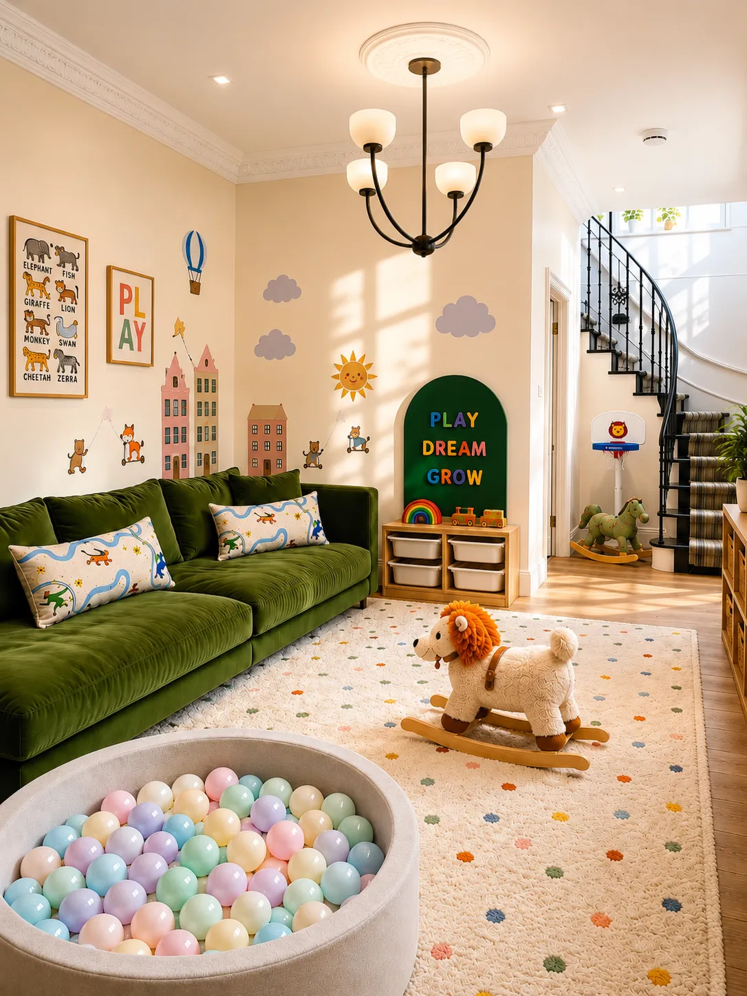 Children's playroom with green velvet sofa and wall stickers