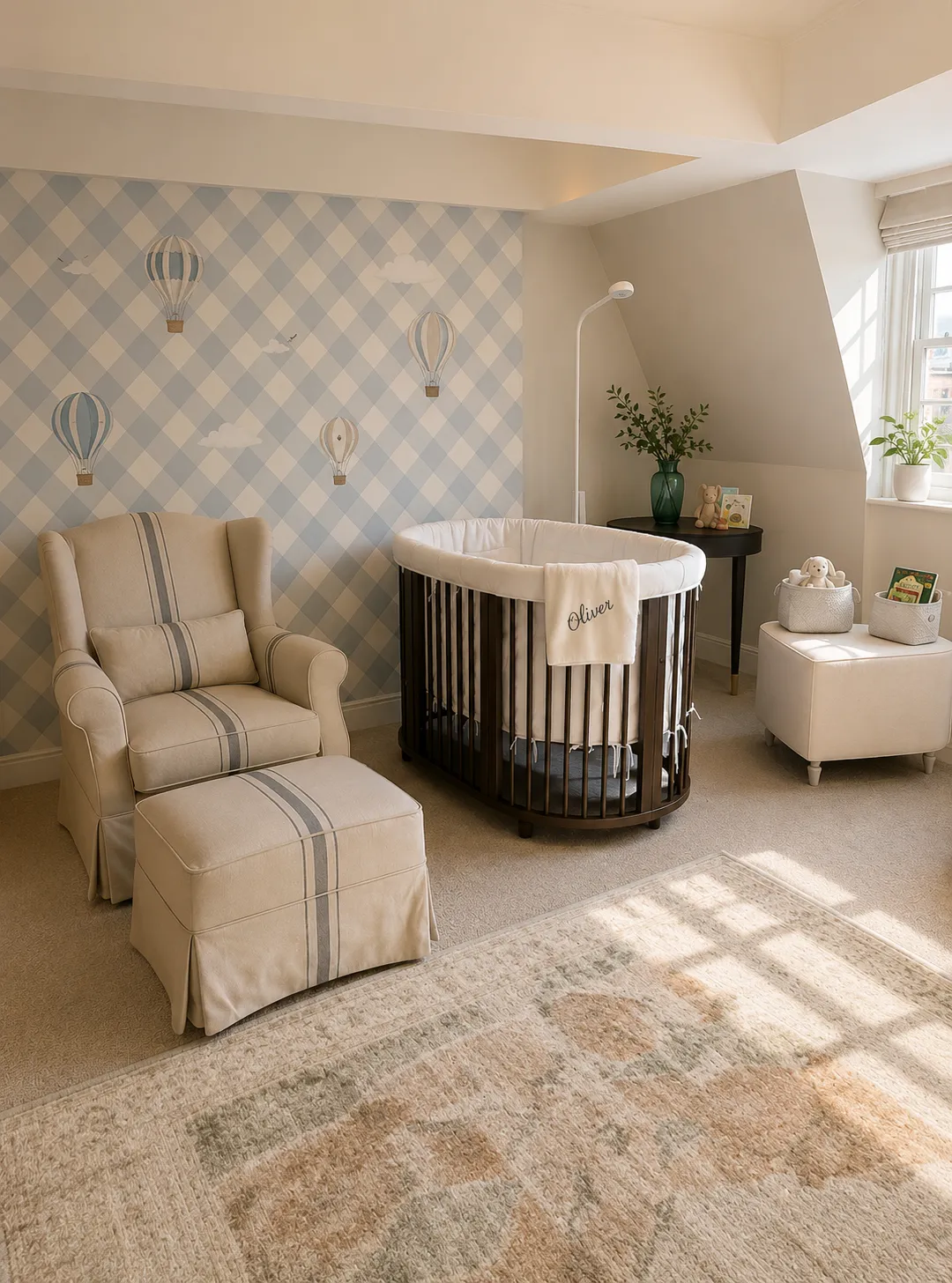 Nursery Blue Gingham Hot Air Balloon Wallpaper Oval Cot Nursing Chair