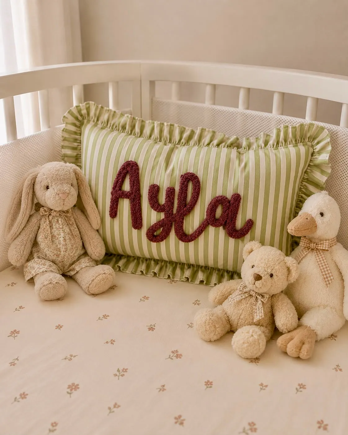 Nursery Cot Personalised Name Cushion Soft Toys Floral Bedding