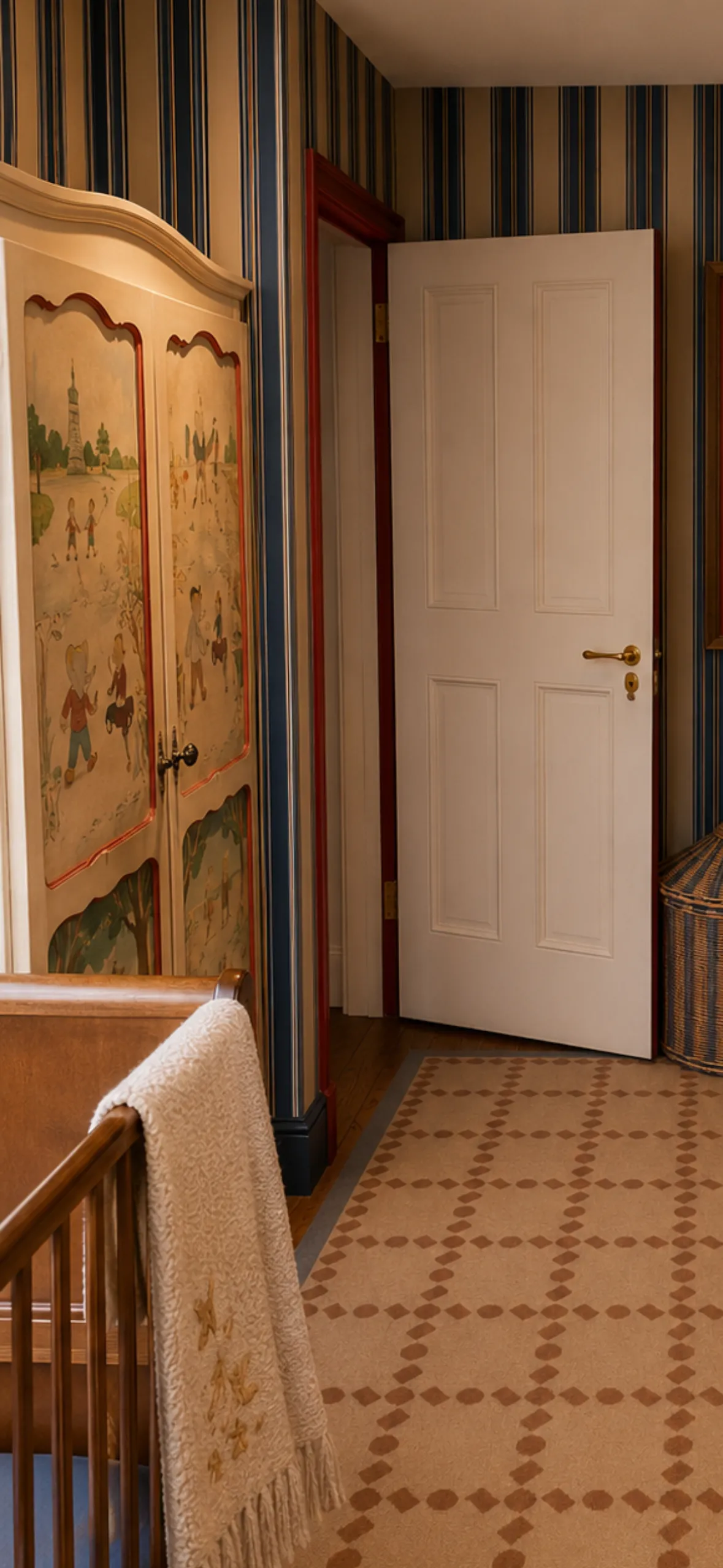 Nursery Painted Folk Art Armoire Striped Wallpaper