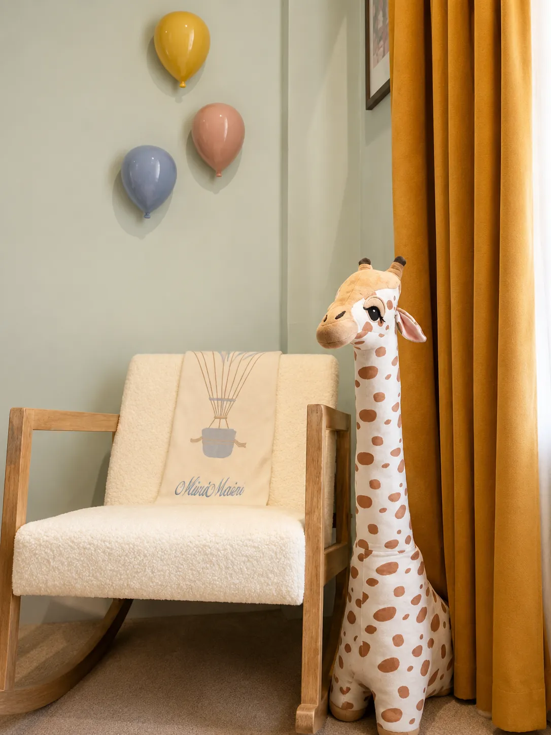 Nursery Sage Green Walls Balloon Wall Decor Giraffe Plush Rocking Chair