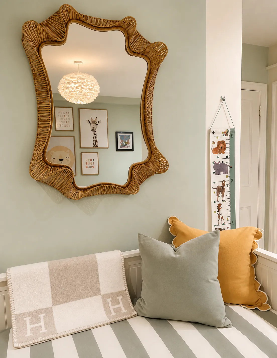 Boy's bedroom with Babar prints and navy canopy bed